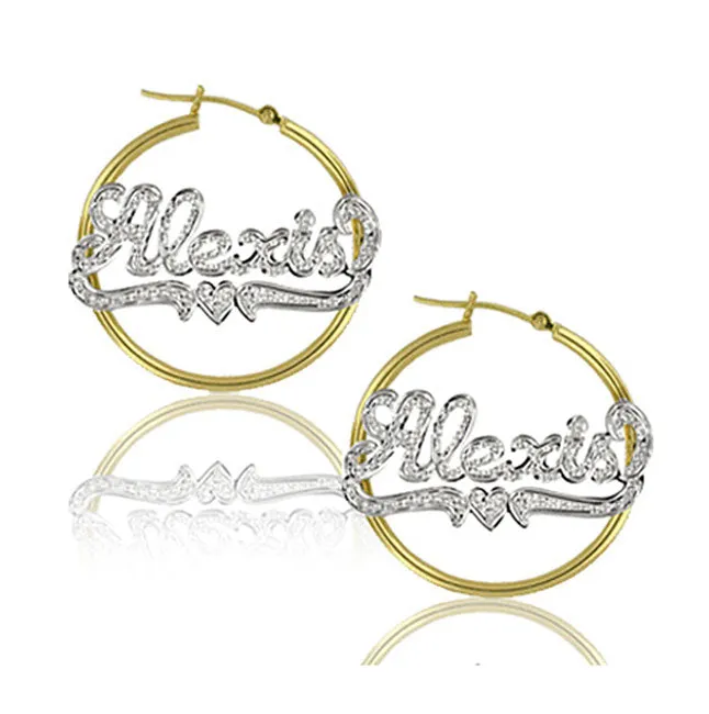 Rhodium Cut Name Hoop Earrings with Heart