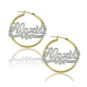 Rhodium Cut Name Hoop Earrings with Heart