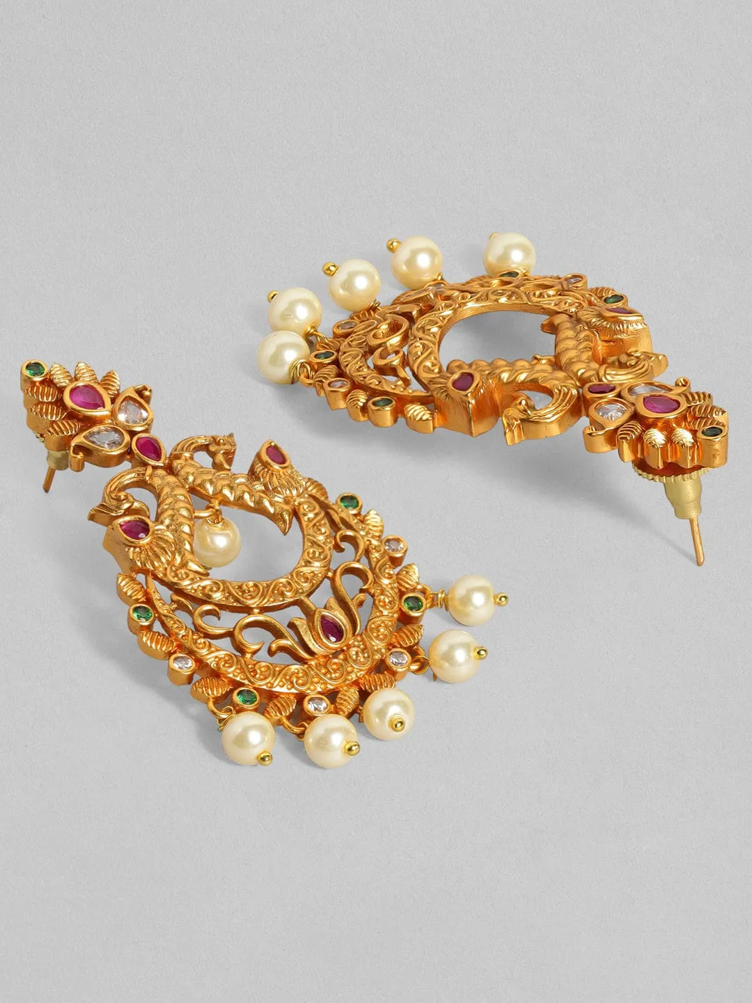 Rubans 22K Gold Plated Handcrafted Faux Ruby Stone with Pearls Peacock Chandbali Earrings