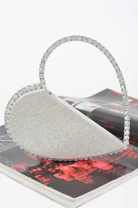 Silver Heart Shape Rhinestone Handle Clutch Bag- M H W ACCESSORIES