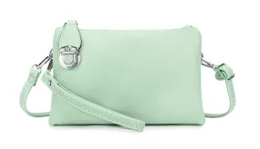 SMALL MULTI-POCKET CROSS BODY CLUTCH BAG WITH WRISTLET - PASTEL GREEN