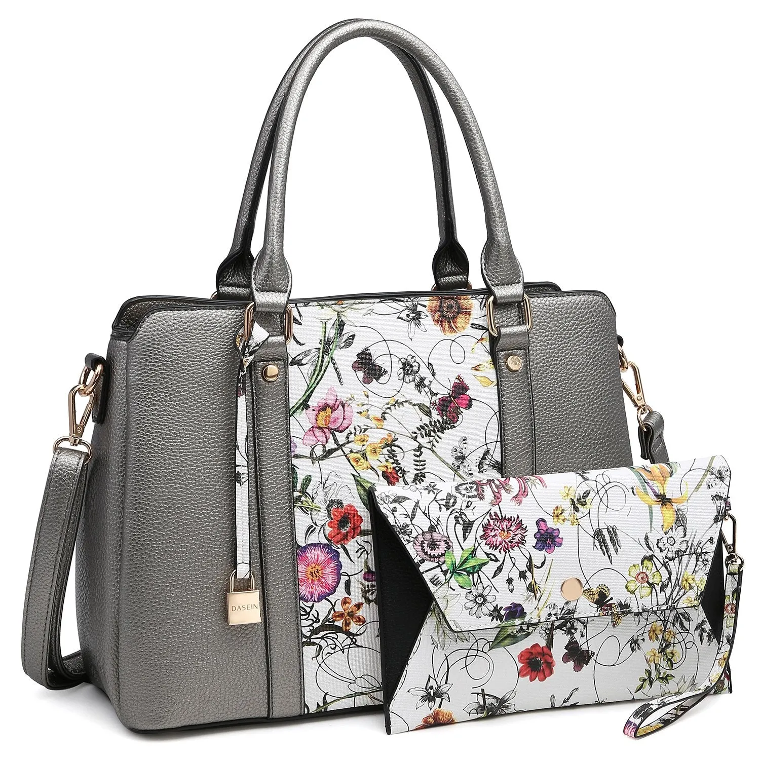 Two-Tone Padlock Satchel with Matching Wristlet