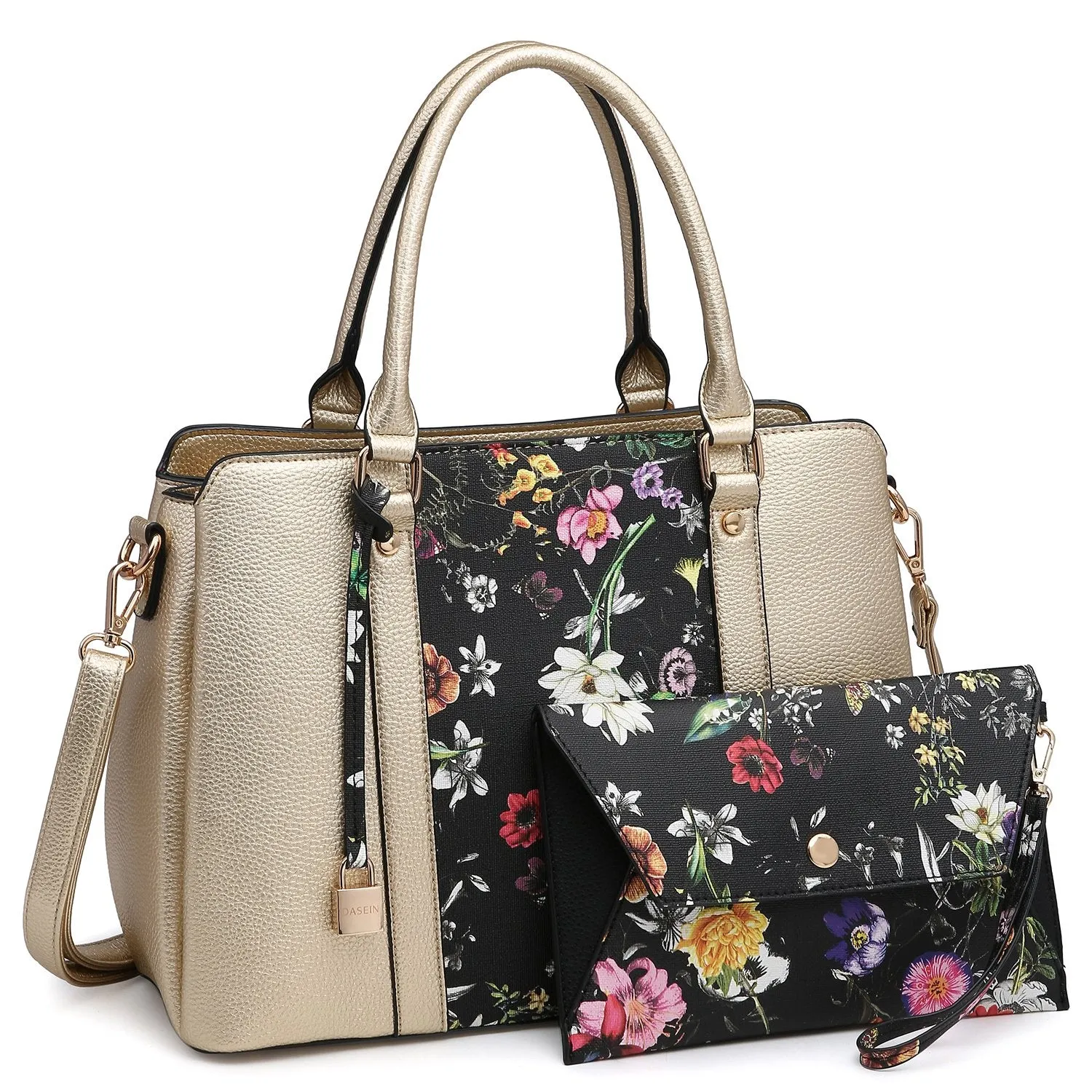 Two-Tone Padlock Satchel with Matching Wristlet