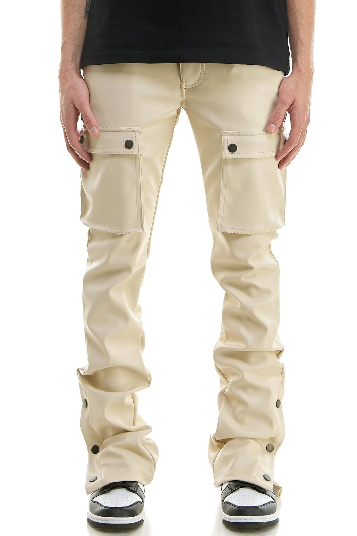 White Leather Stacked Men Pants Skinny  Flare Fits