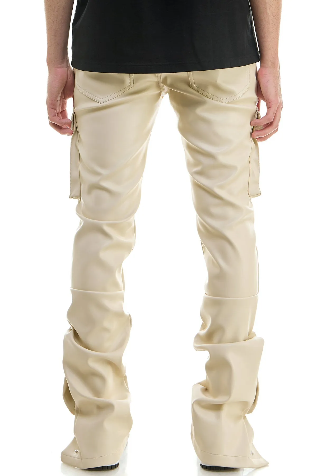 White Leather Stacked Men Pants Skinny  Flare Fits