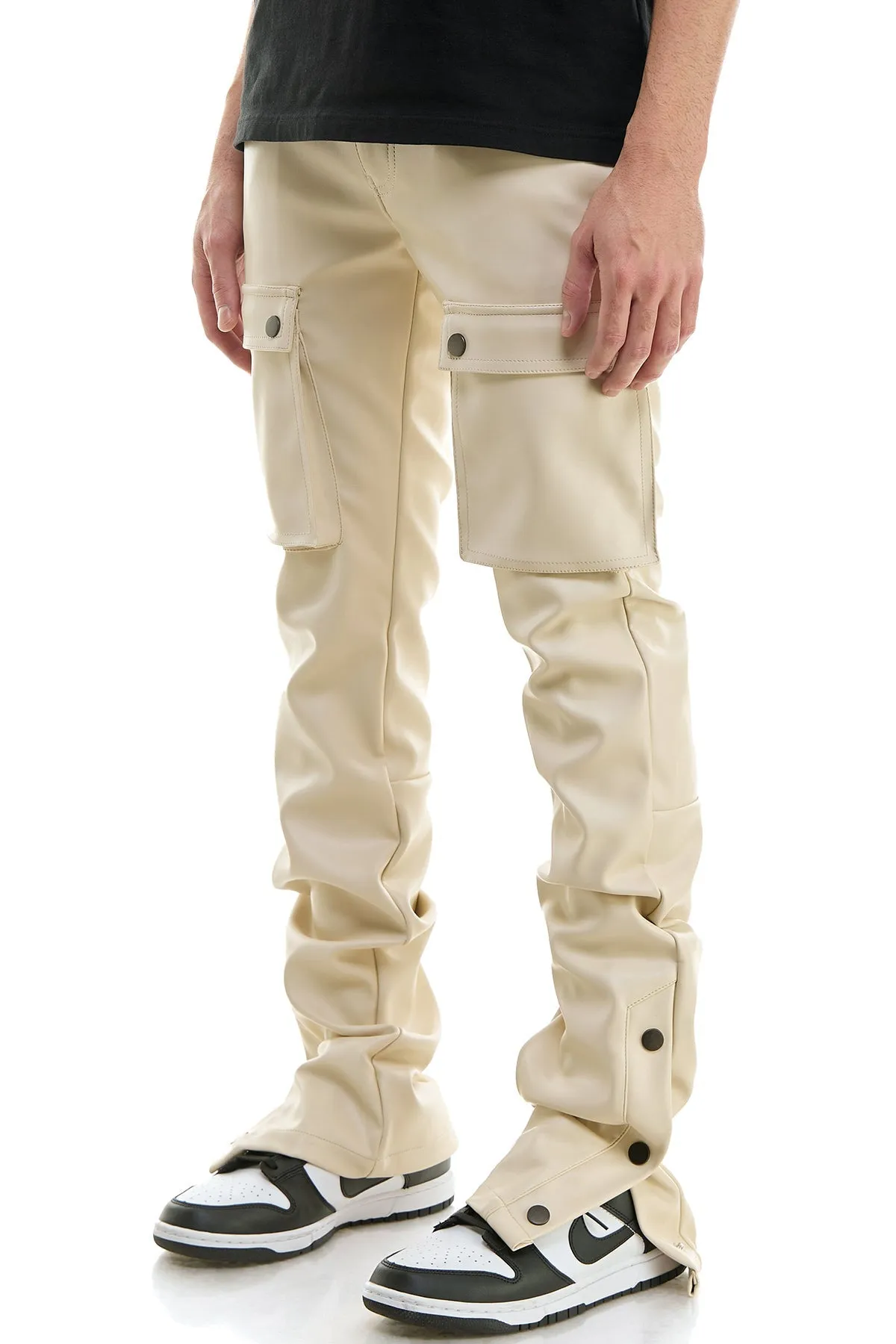 White Leather Stacked Men Pants Skinny  Flare Fits