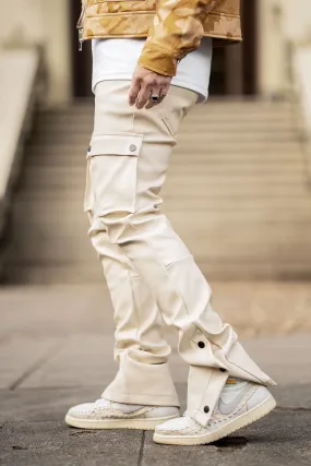 White Leather Stacked Men Pants Skinny  Flare Fits