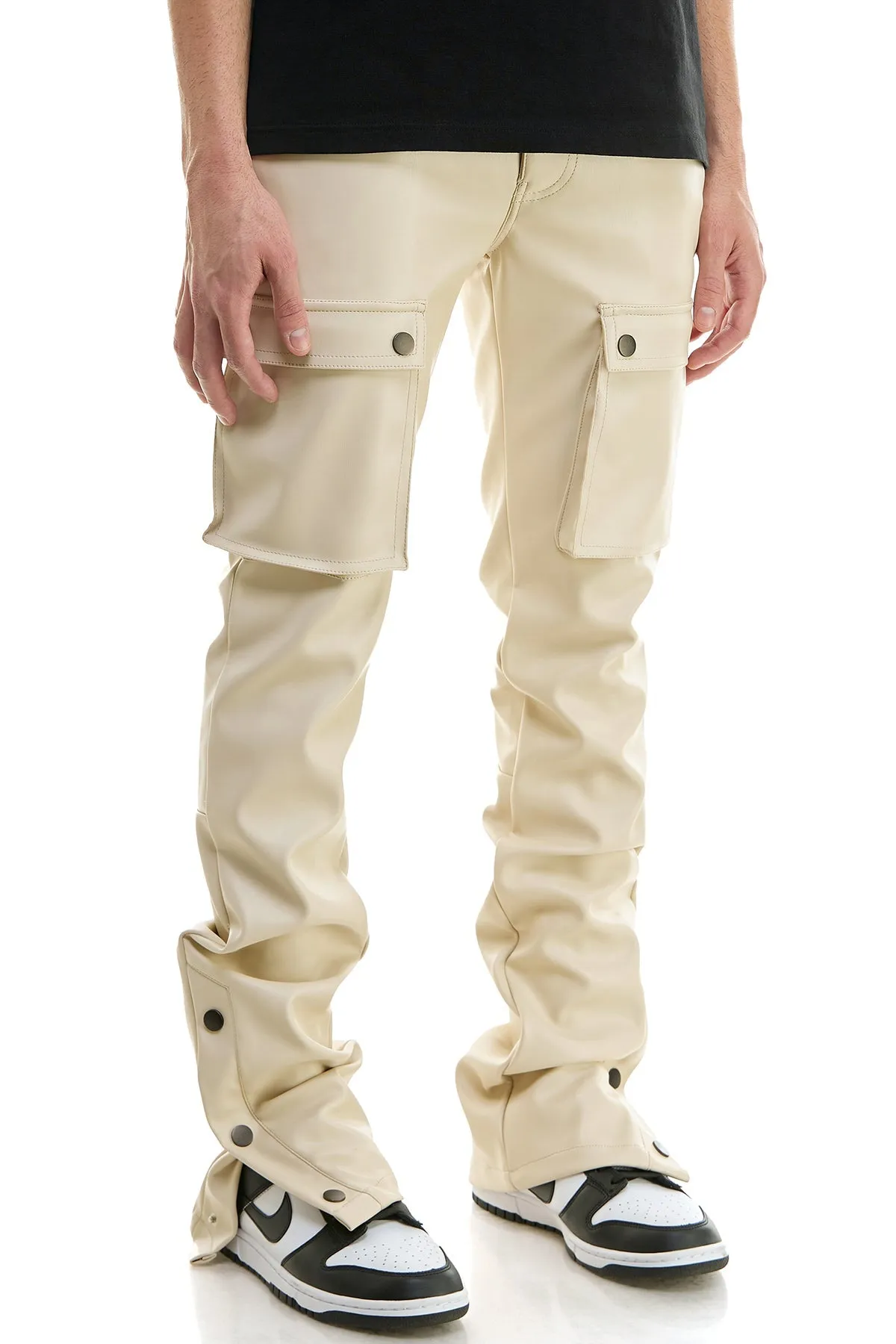 White Leather Stacked Men Pants Skinny  Flare Fits